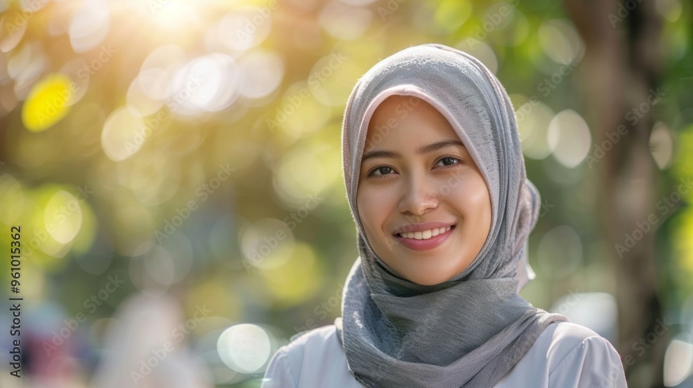 Portrait of young Asian muslim woman wearing hijab head scarf on street in the city Portrait of young Asian muslim woman wearing hijab head scarf on street in the city
