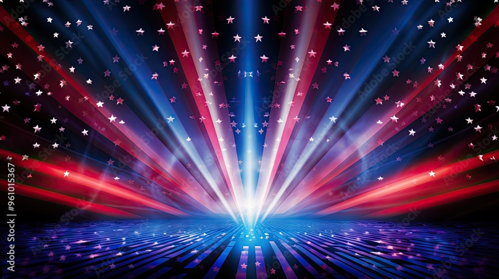 Naklejka premium Vibrant Abstract Light Burst with Stars and Stripes in Red, White, and Blue
