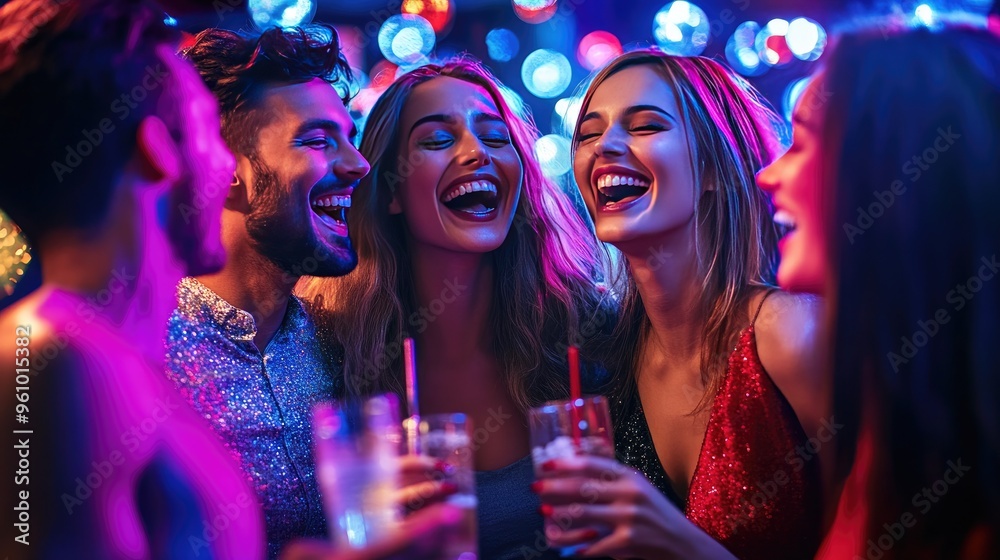 Group of friends laughing and singing together at a karaoke party, surrounded by disco lights and drinks Group of friends laughing and singing together at a karaoke party, surrounded by disco lights and drinks