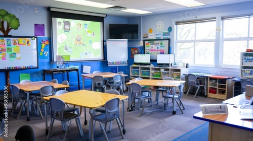 The school room is equipped with technology that enhances learning, such as computers, tablets, and interactive whiteboards. These tools make lessons more engaging and interactive.