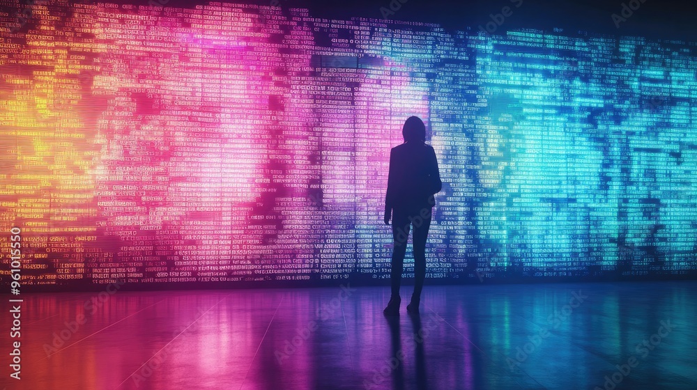 Person standing in front of a large screen displaying karaoke lyrics, with a colorful background Person standing in front of a large screen displaying karaoke lyrics, with a colorful background