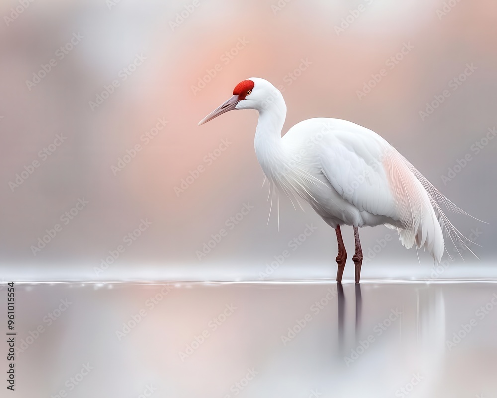 Obraz premium Siberian crane standing in wetland habitat, rare bird species, soft pastel lighting reflecting off calm water creates a tranquil scene.