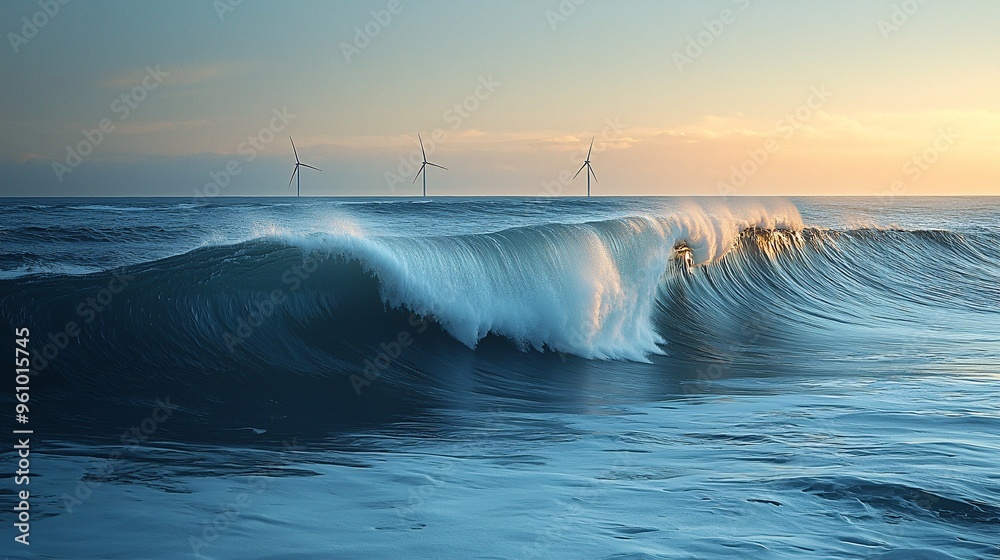 Clear skies and smooth ocean waves provide a tranquil backdrop for four turbines generating electricity.