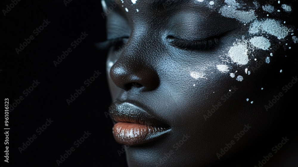 Close-up portrait of a beautiful young woman with white paint on her face. Close-up portrait of a beautiful young woman with white paint on her face.