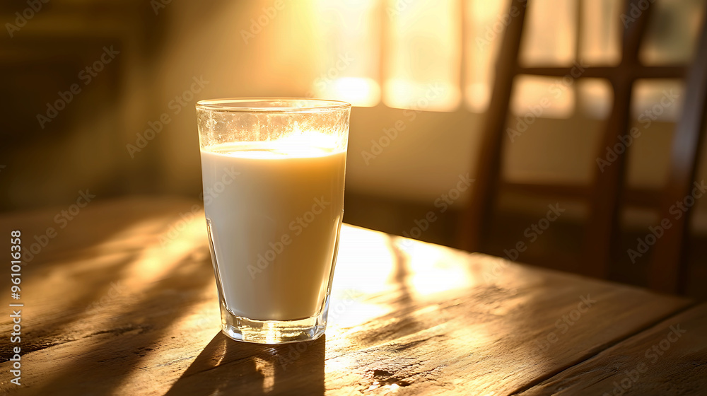 freshly poured glass of milk on a wooden table, with sunlight streaming through a farmhouse window freshly poured glass of milk on a wooden table, with sunlight streaming through a farmhouse window