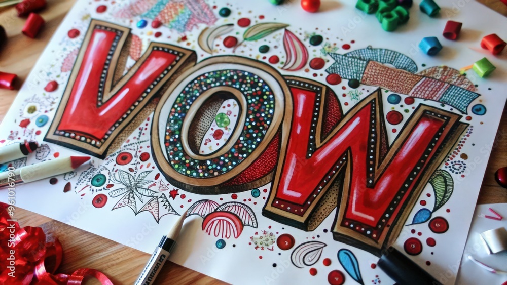Obraz premium Hand-drawn illustration of the word VOW in red with colorful embellishments