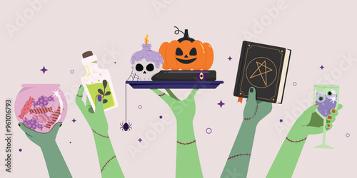 Zombie hand holding decoration of Halloween. Surprise for Happy Halloween. Halloween festival banner.