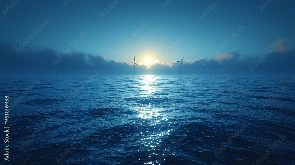 Fototapeta premium Four turbines spinning in harmony above the tranquil, reflective ocean waters.