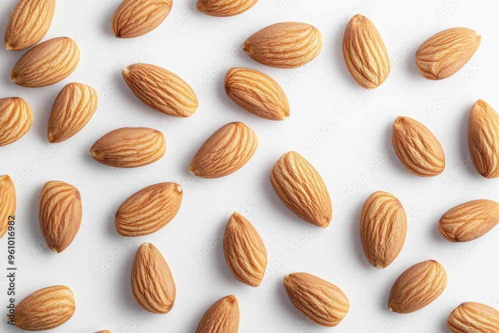 A collection of almonds scattered on a white background. A collection of almonds scattered on a white background.
