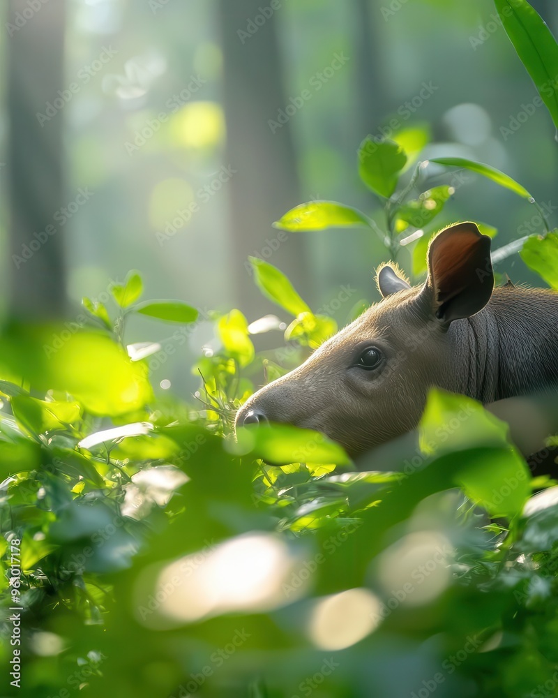 Fototapeta premium Malayan tapir foraging in dense jungle, rare species, lush green foliage, sunlight peeking through trees.