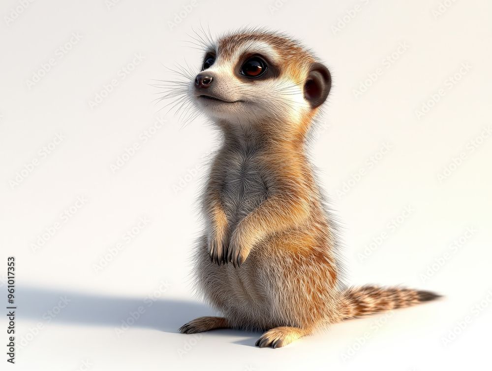 Curious Baby Meerkat - Playful young meerkat exploring under soft sunlight on white backdrop Curious Baby Meerkat - Playful young meerkat exploring under soft sunlight on white backdrop