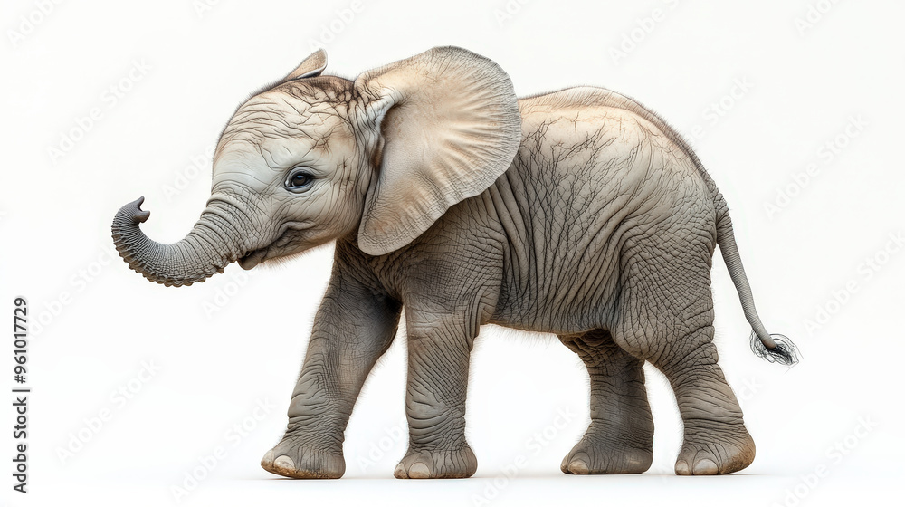 Fototapeta premium Innocent Joy: Curious Baby Elephant Calf on White Background