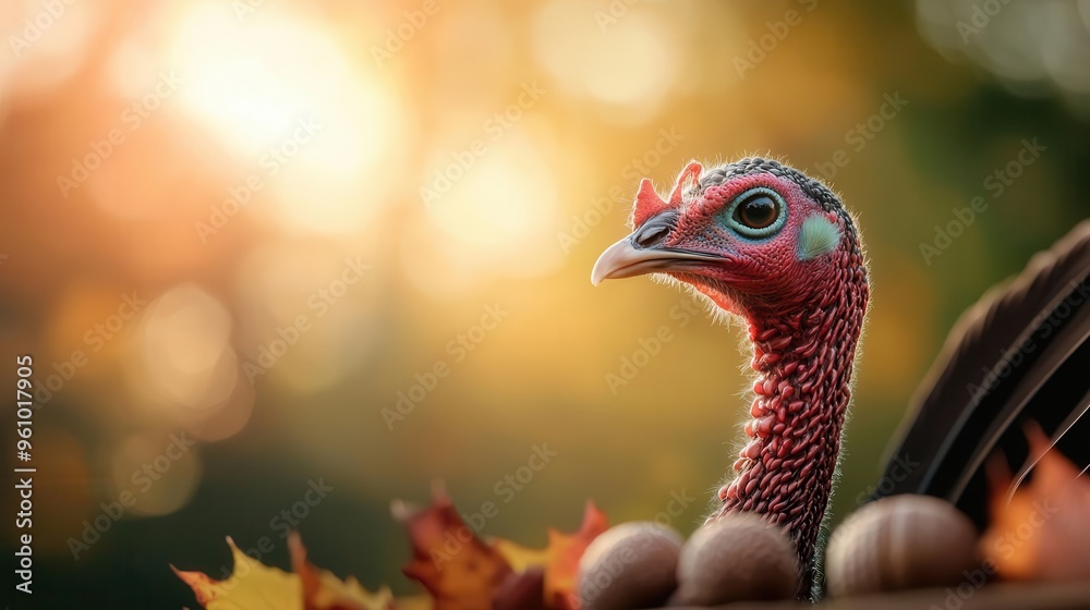 Wild turkey with nature elements like acorns and leaves, set against a soft sunrise, representing nature s bounty, Realism, Earthy tones Wild turkey with nature elements like acorns and leaves, set against a soft sunrise, representing nature s bounty, Realism, Earthy tones