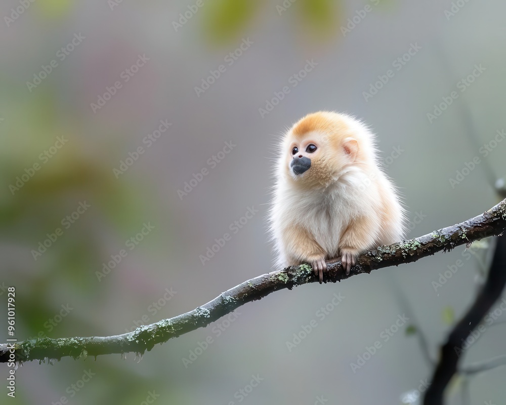 Fototapeta premium Golden snub-nosed monkey sitting on a branch in mountainous forest, rare primate, misty morning atmosphere.