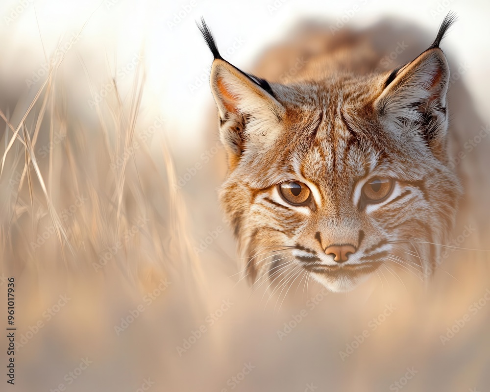 Iberian lynx hunting in tall grass, elusive species, golden hour glow illuminating vibrant foliage shades. Iberian lynx hunting in tall grass, elusive species, golden hour glow illuminating vibrant foliage shades.