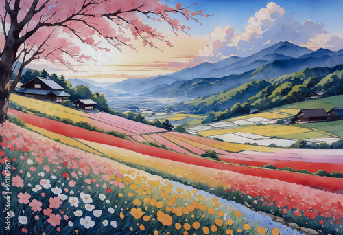 山を背景に色とりどりの花が咲いた花畑が広がる水彩画のイラスト