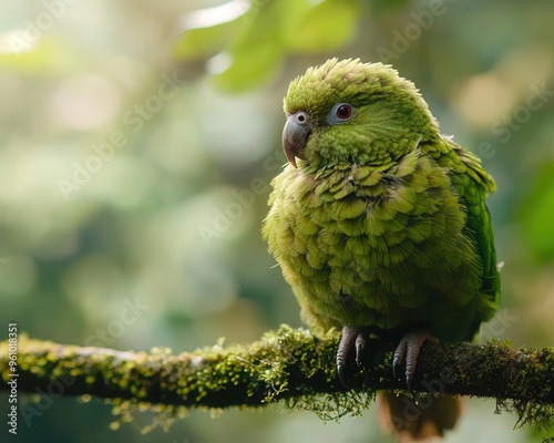 Endangered Kakapo parrot perched on mossy tree branch, dense rainforest background with soft sunlight filtering through the canopy. photo