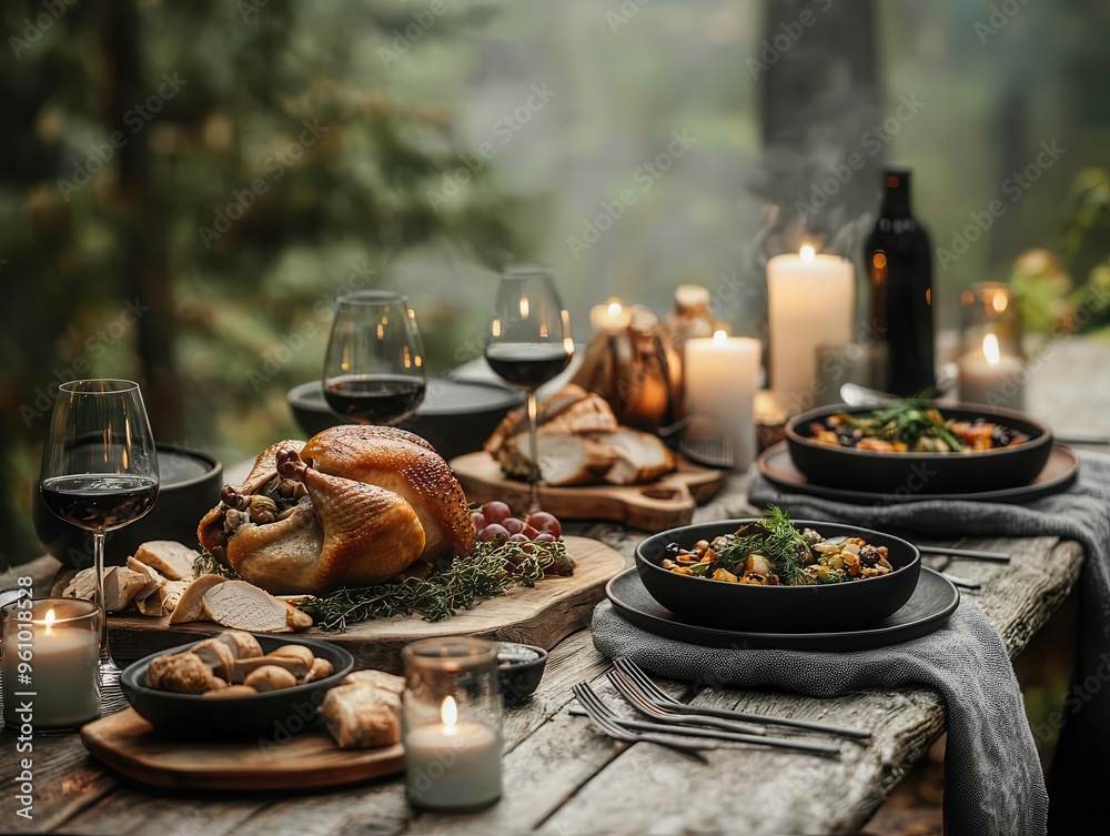A turkey feast set on a stone table in the middle of a forest, surrounded by candles and soft natural light, Magical realism, Earthy colors A turkey feast set on a stone table in the middle of a forest, surrounded by candles and soft natural light, Magical realism, Earthy colors