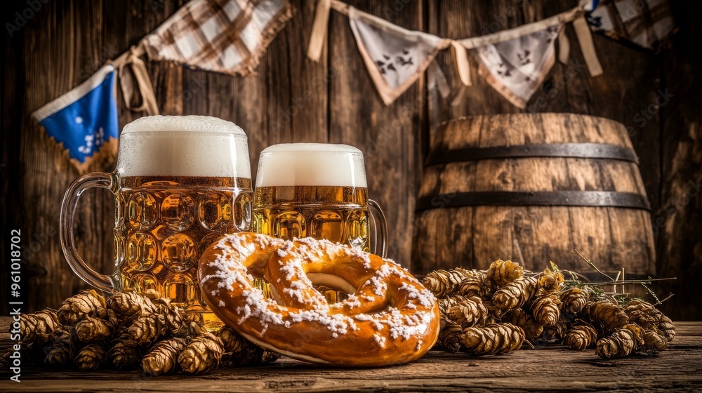 A rustic Oktoberfest setting featuring a large pretzel on a wooden table, surrounded by hops and beer mugs. The backdrop includes traditional Bavarian flags and festival decorations. The top left