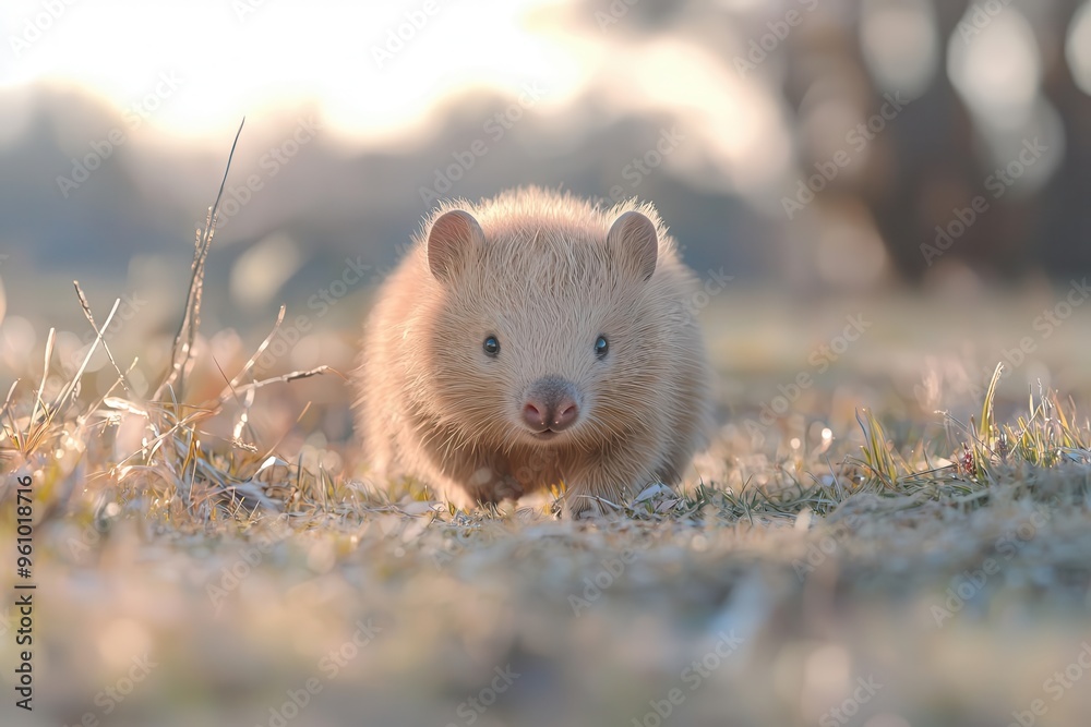 An elusive Northern hairy-nosed wombat is seen walking through the grassy landscape, a rare marsupial under the warm glow of the late afternoon sunlight. An elusive Northern hairy-nosed wombat is seen walking through the grassy landscape, a rare marsupial under the warm glow of the late afternoon sunlight.