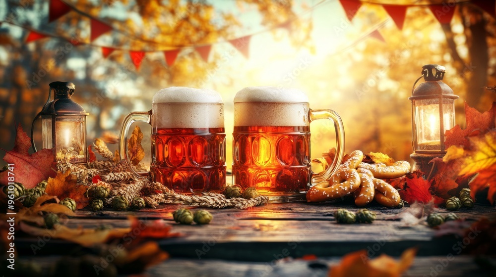 A rustic Oktoberfest setting with frothy beer mugs placed on a wooden table surrounded by hops, wheat, and pretzels. The background showcases traditional Bavarian flags and lanterns, creating a cozy