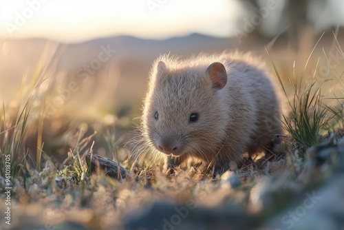 Elusive Northern hairy-nosed wombat spotted in grassy landscape, a rare marsupial basking in the late afternoon sunlight. photo