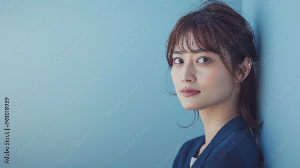 A serene portrait of woman with soft features, gazing thoughtfully against light blue background. A serene portrait of woman with soft features, gazing thoughtfully against light blue background.