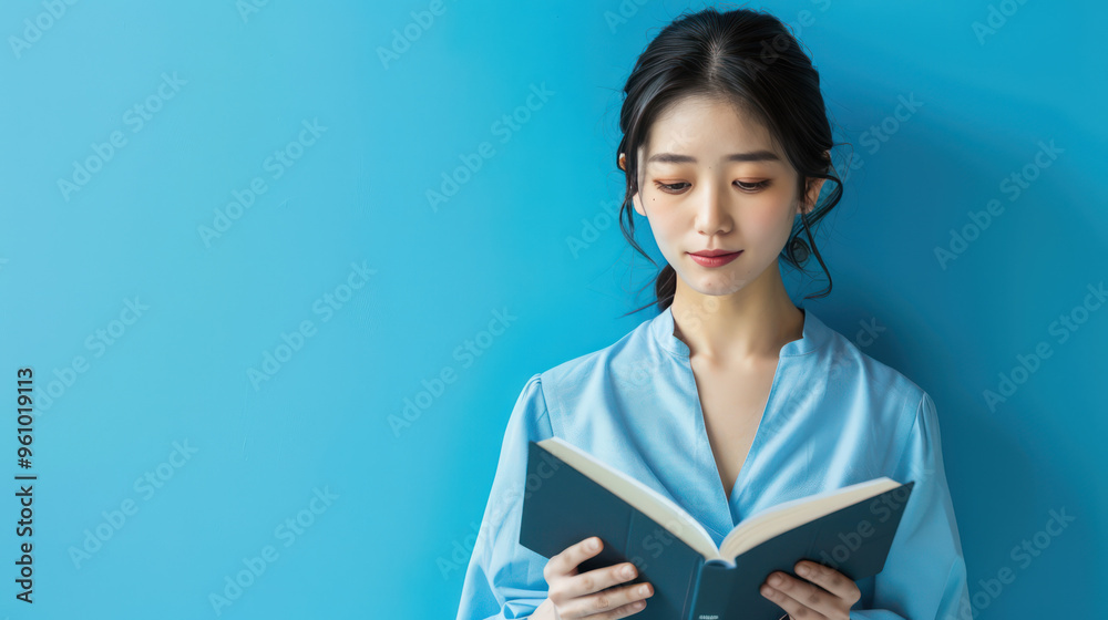 Reading book against vibrant blue background, woman in light blue blouse appears focused and serene. Reading book against vibrant blue background, woman in light blue blouse appears focused and serene.