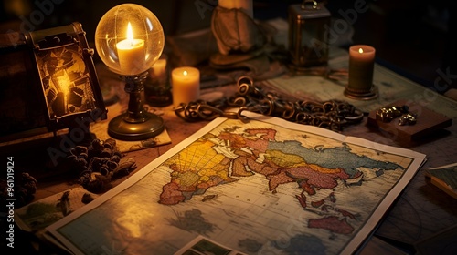 a map and candle on a table. 