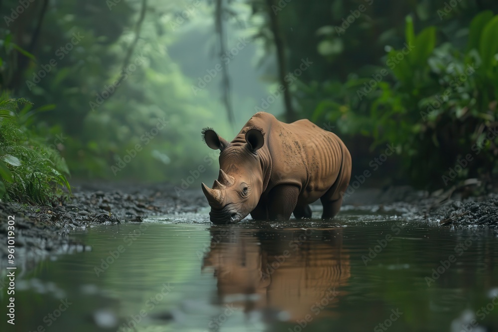 Critically endangered Javan rhino drinking from a shallow river in ...