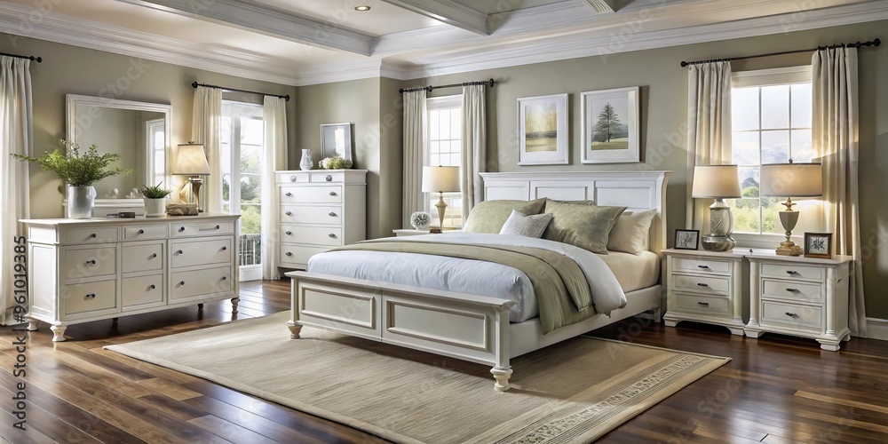 Beautiful white bedroom furniture fills a large room with peace and quiet, producing an atmosphere of serenity and Beautiful white bedroom furniture fills a large room with peace and quiet, producing an atmosphere of serenity and