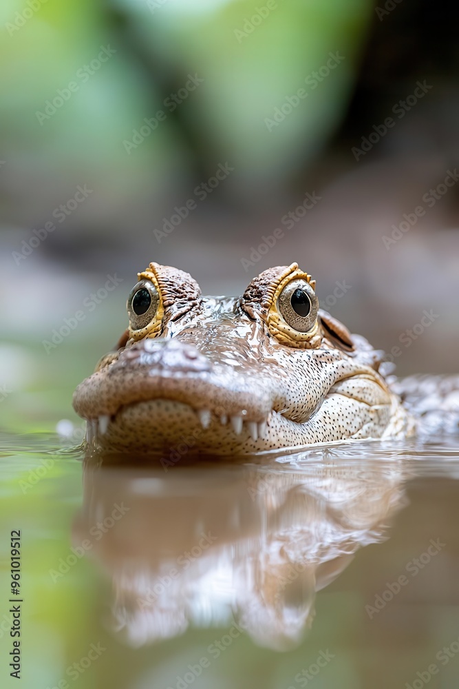 Critically endangered gharial basking in shallow river, rare crocodilian species, calm water reflections Critically endangered gharial basking in shallow river, rare crocodilian species, calm water reflections