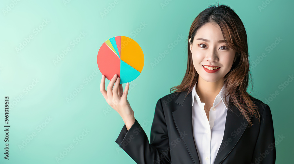 A professional woman holds colorful pie chart, showcasing data analysis with confident smile against mint green background. A professional woman holds colorful pie chart, showcasing data analysis with confident smile against mint green background.