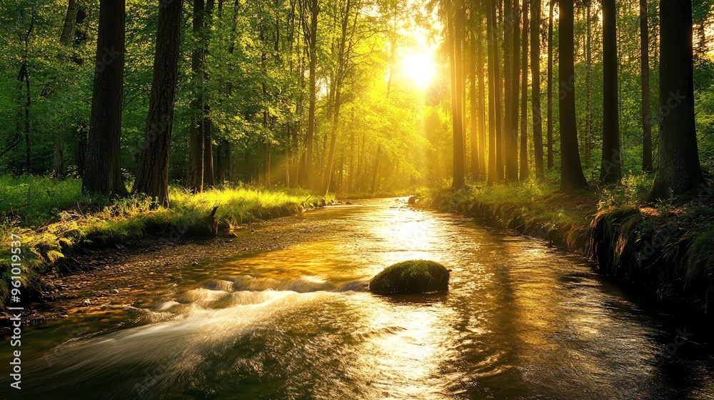 Fototapeta premium A sunlit forest stream flows through a lush green forest, with sunlight streaming through the trees.