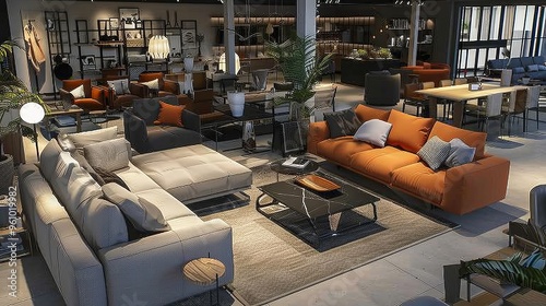 This 3D model showcases a modern furniture store, complete with stylish room setups, comfortable seating areas, and a wide selection of home furnishings.