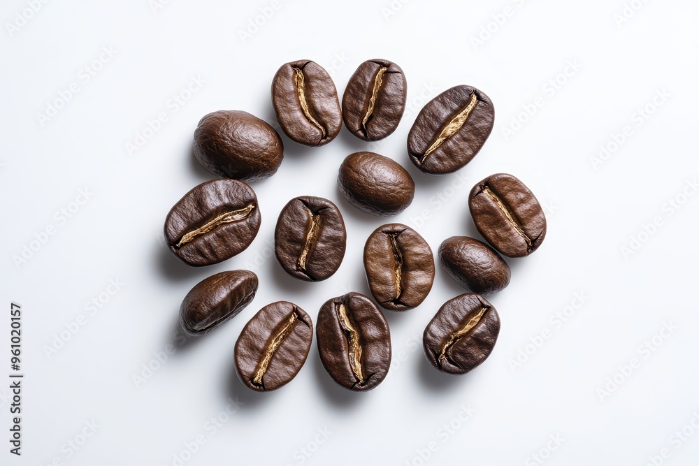 A collection of coffee beans arranged in a circular pattern on a white background. A collection of coffee beans arranged in a circular pattern on a white background.