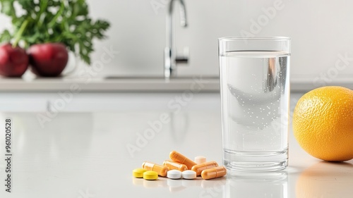 A detailed image of probiotic supplements on a kitchen counter photo