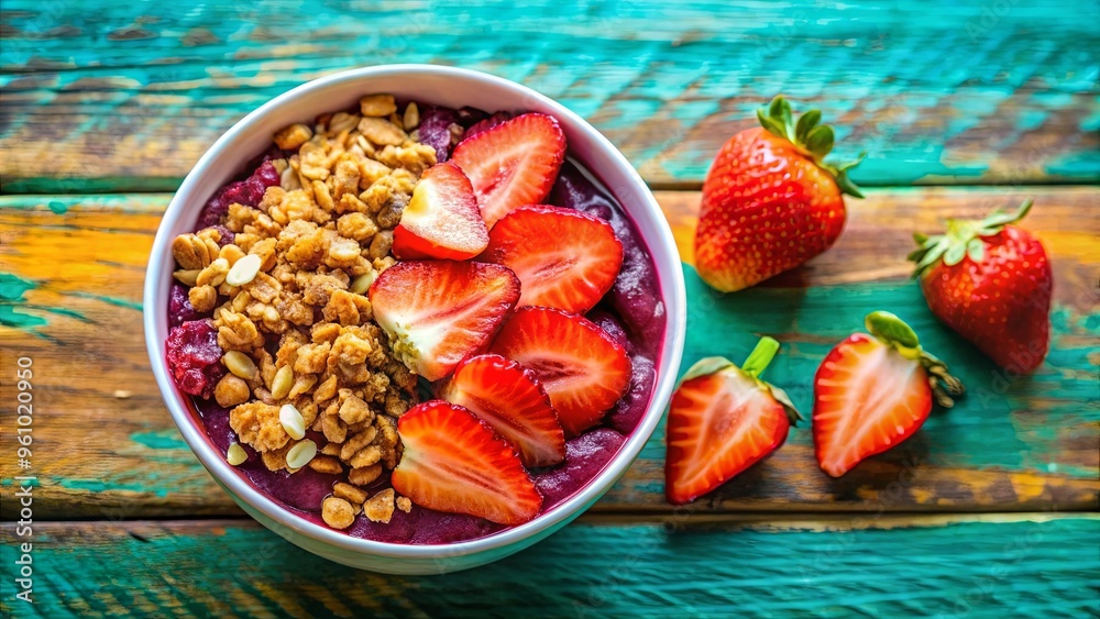 Φωτογραφία Close up of a frozen acai bowl with strawberries and granola on a colorful backg