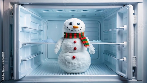 Close up of a snowman in an empty freezer covered in ice, symbolizing cleaning and servicing, with a funny diet twist photo