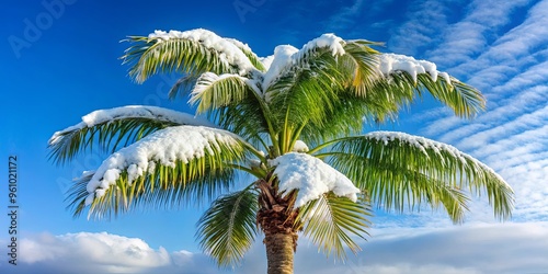Palm tree leaves covered in snow, creating a unique winter scene