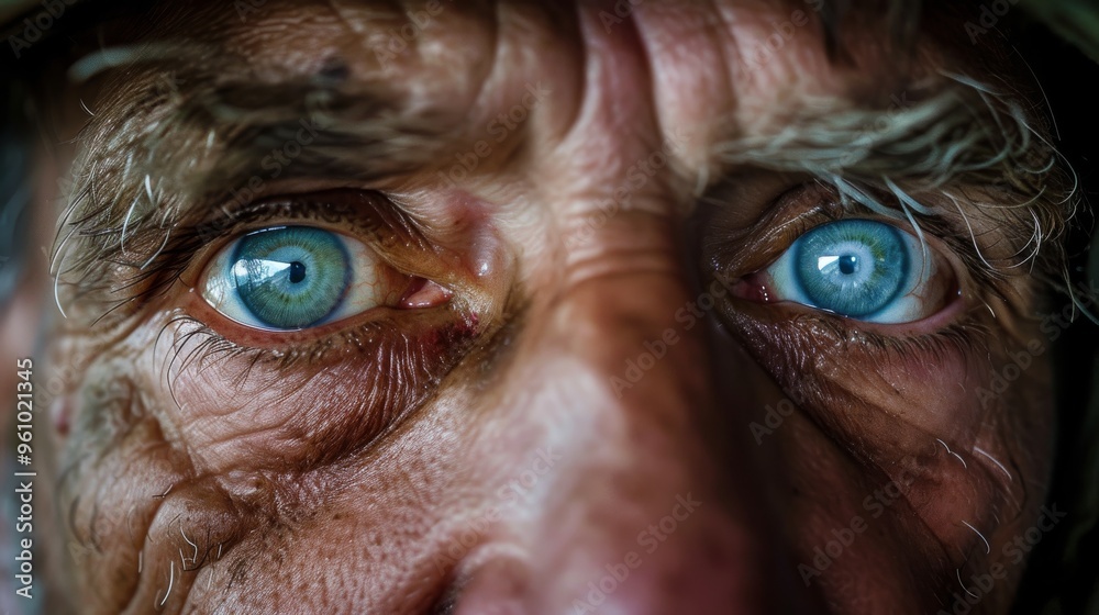 A striking close-up of an elderly man's piercing blue eyes, highlighting the depth and detail in his weathered skin. The intense gaze is surrounded by deep wrinkles, emphasizing age and wisdom. A striking close-up of an elderly man's piercing blue eyes, highlighting the depth and detail in his weathered skin. The intense gaze is surrounded by deep wrinkles, emphasizing age and wisdom.