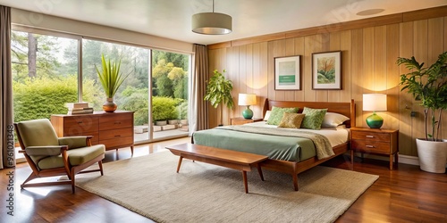 Classic mid-century modern bedroom furniture in a warm, inviting 1950s setting photo