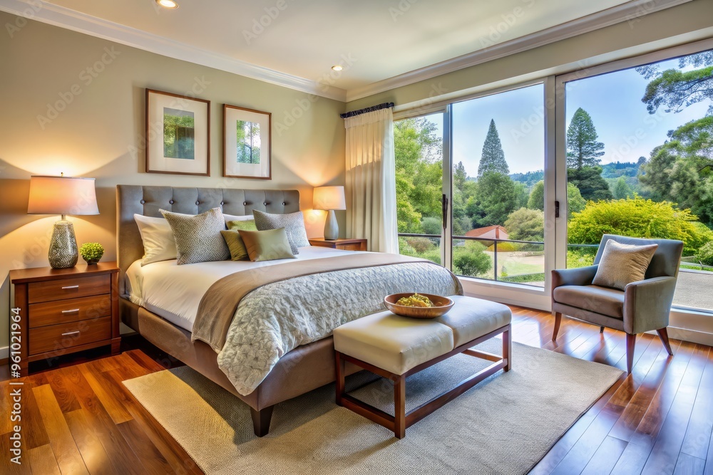 Comfortable and inviting bedroom featuring modern furniture and natural light in San Jose Comfortable and inviting bedroom featuring modern furniture and natural light in San Jose