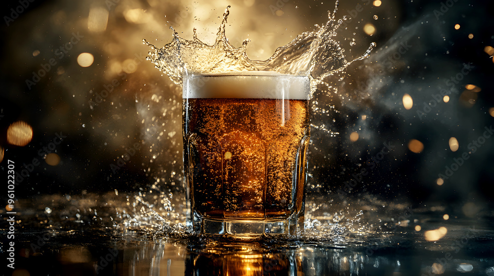 glass of beer with a dramatic splash, the liquid and foam casting bold, dark shadows against a moody background glass of beer with a dramatic splash, the liquid and foam casting bold, dark shadows against a moody background