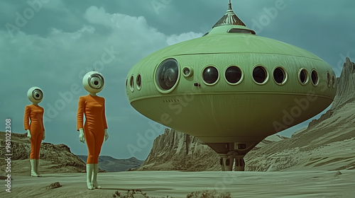 Two figures in orange suits with large eye-like helmets stand near a retro-futuristic flying saucer in a barren, alien landscape, evoking the surreal style of 1960s Italian sci-fi.