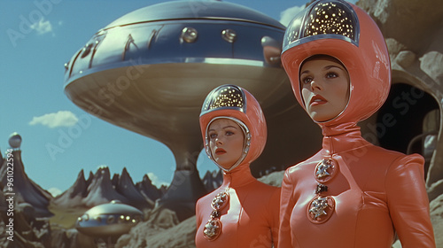 Two women in shiny orange suits and bubble-like helmets stand in an alien landscape with futuristic flying saucers in the background, capturing the stylish vibe of 1960s Italian sci-fi.