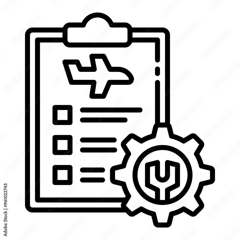 Maintenance report data clipboard icon representing the inspection and service report for an airplane. Maintenance report data clipboard icon representing the inspection and service report for an airplane.