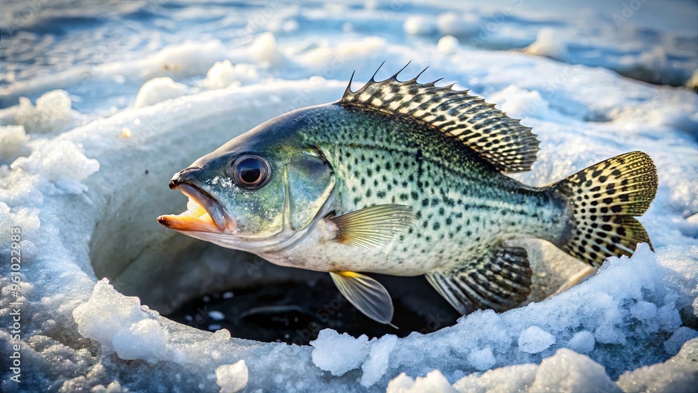 Fototapeta premium Black crappie being caught through ice hole on a lake in Utah