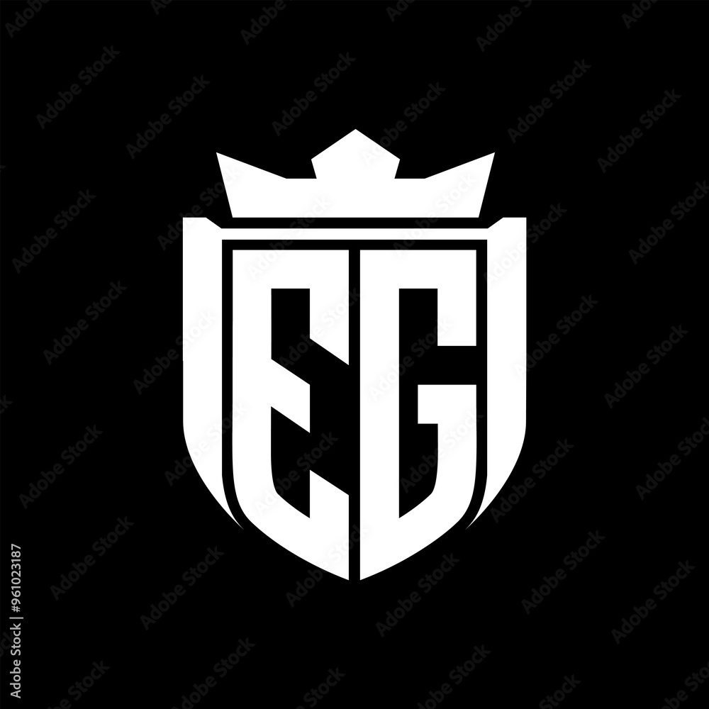 EG Letter logo shield shape inside shield badge crown on black background template design