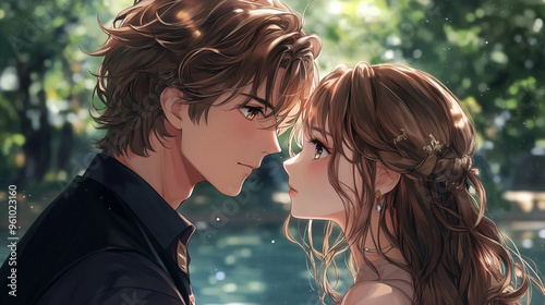 A romantic anime-style illustration of a couple gazing intensely at each other by a serene lake, surrounded by soft sunlight and nature